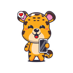 Leopard cartoon vector illustration with mobile phone