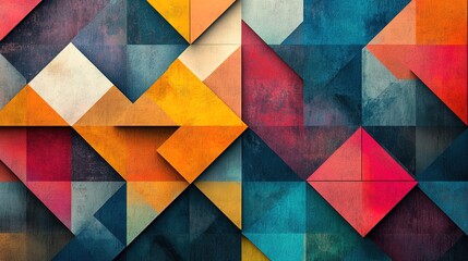 Abstract mosaic pattern with bright and muted colors in a mix of squares and triangles