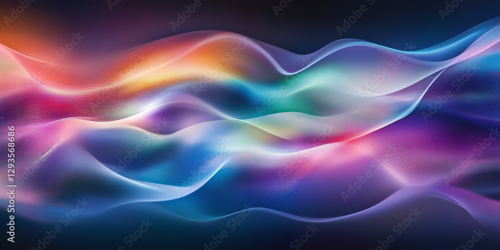 Poster a mesmerizing abstract background featuring infinite layers of iridescent neon light sheets, softly 