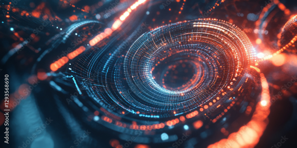 Poster a futuristic visualization of quantum computing, featuring glowing cybernetic data streams, swirling