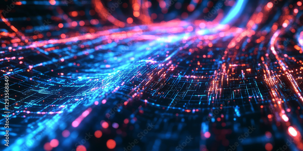 Poster a futuristic ai-powered cyberspace, featuring glowing digital nodes, swirling cybernetic data stream