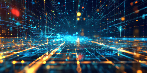 A mesmerizing holographic representation of an AI-driven digital metaverse, displaying glowing cybernetic landscapes, pulsating blockchain transaction grids, and intricate machine learning pathways.