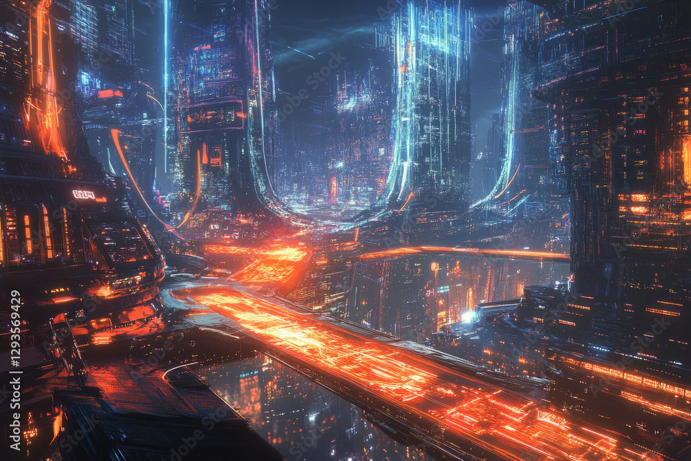 Poster a futuristic holographic city map, displaying glowing cybernetic pathways, interconnected ai-driven 