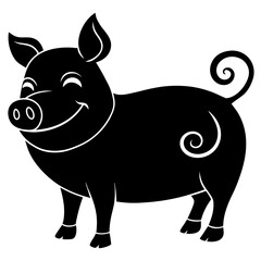 Pig with curly tail and a wink silhouette vector illustration 