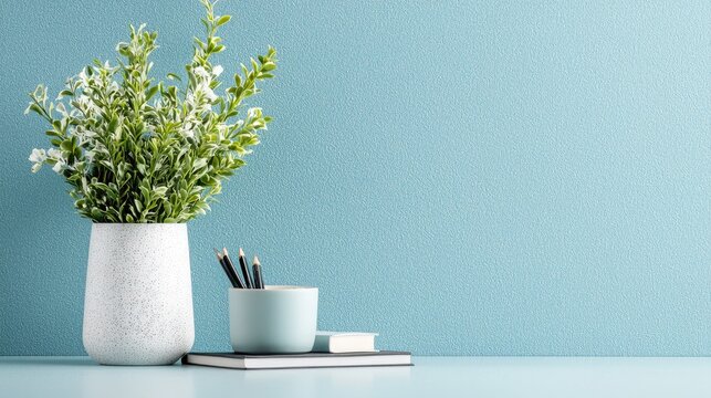 Desk setup with plant, pencils, and notebook against blue wall; home office background