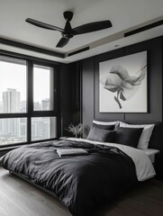 A modern bedroom with stylish black and white decor