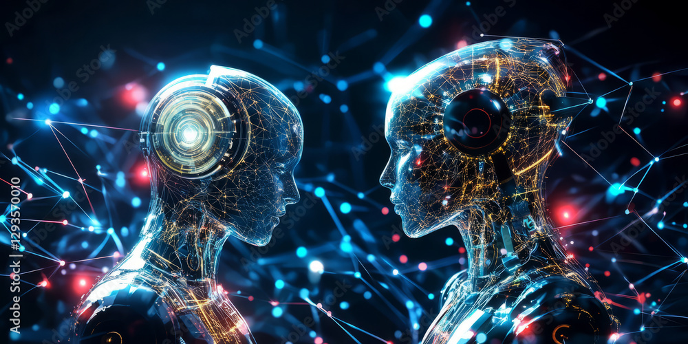 Poster a glowing futuristic ai-powered robotic swarm intelligence, featuring cybernetic coordinated automat