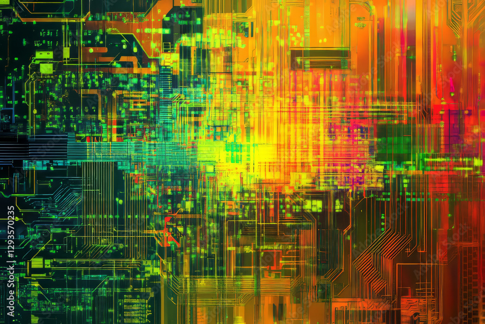 Poster technology, abstract, background with sleek metallic textures reflecting vibrant neon colors. high-t