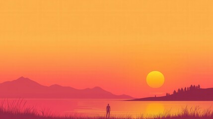 Silhouette of a person standing on the shore watching the sunset, calm and peaceful natural setting