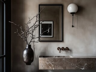 A bathroom with a sink and a mirror. A vase with branches is on the counter. A picture is hanging on the wall