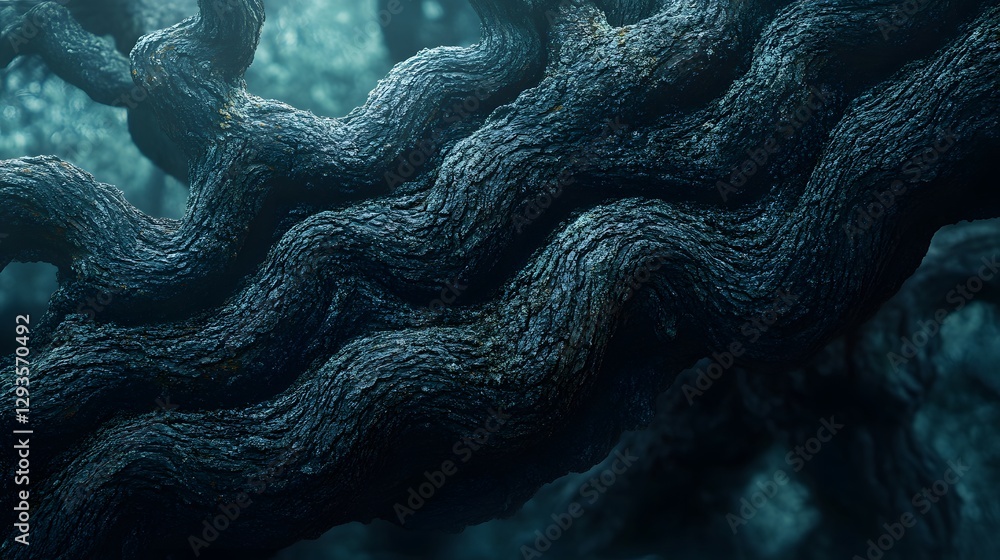 Poster Close-up view of a ancient tree's bark, showcasing intricate textures and patterns. Deep blues and greens dominate the image. Mysterious and captivating. Textured Embrace of a Majestic Tree