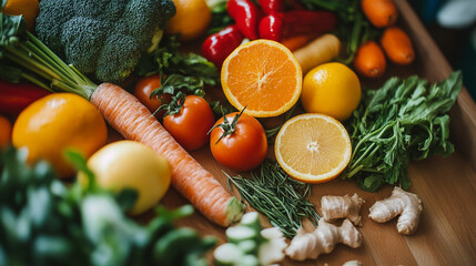 Vibrant colorful fresh vegetables and fruits healthy eating food diet ripe lemon juicy orange carrot
