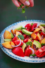 Fresh spring salad witn avocado, tomato, peach, red onion and herbs