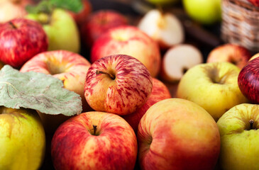 Fresh ripe colorful apples on wooden rustic background