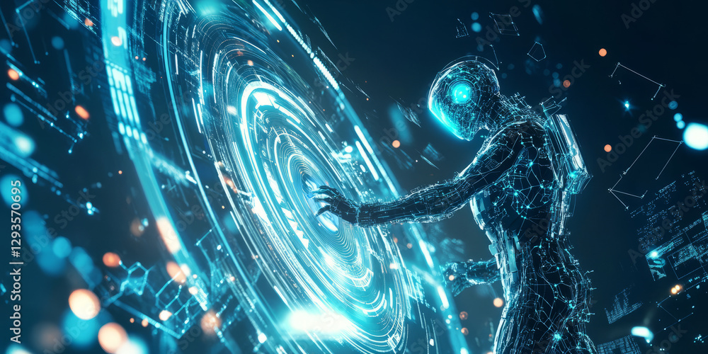 Poster a mesmerizing futuristic ai-driven exosuit technology, displaying glowing cybernetic human performan