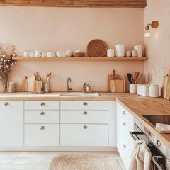Kitchen of White Cabinets and Wooden Counters is Presented Here
