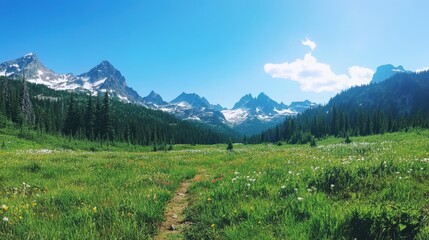 Obraz premium Rolling alpine meadow scattered with vibrant wildflowers, framed by rugged peaks under a clear and bright sky,