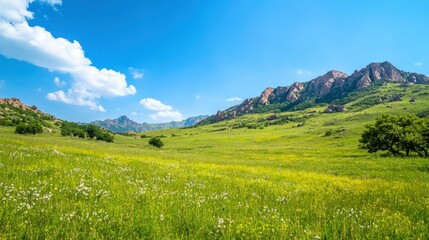 Obraz premium Serene meadow in the mountains, scattered with blooming wildflowers and set against a backdrop of rocky cliffs under a clear sky,