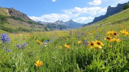 Wildflowers in a lush mountain valley, vibrant blooms contrasting with rugged peaks and illuminated by warm sunlight,