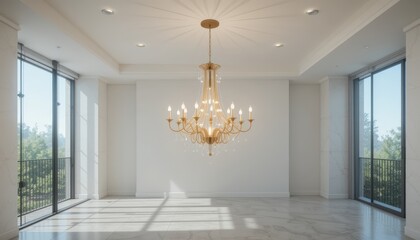 A luxurious crystal chandelier with multiple lights hangs elegantly in a modern living space, enhancing the decor's sophistication. Ideal for interior design inspiration or real estate marketing.