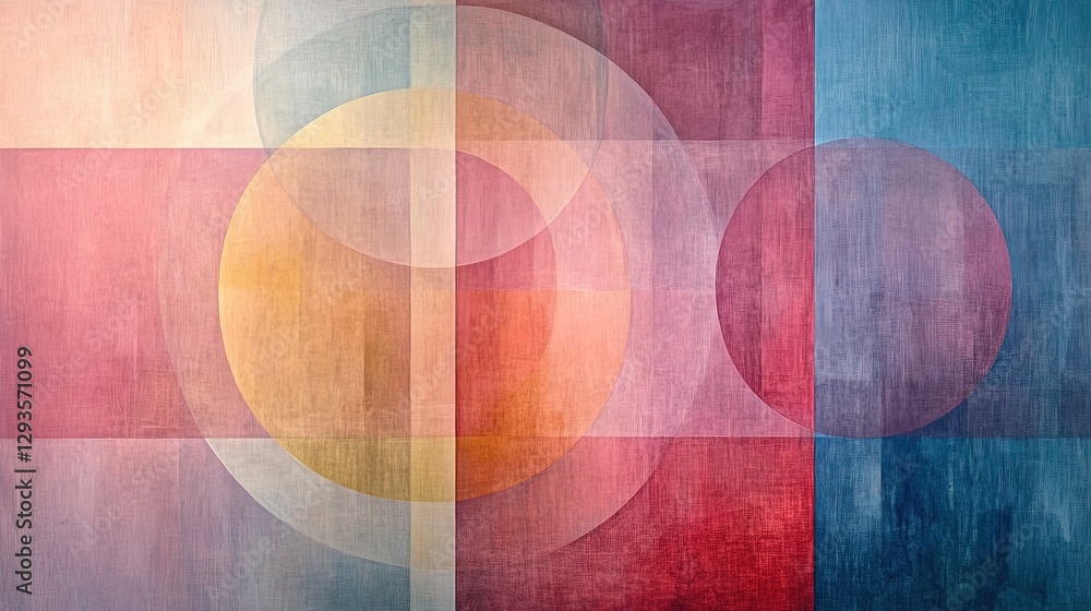 Poster abstract composition of interlocking circles and squares in soft pastel shades, calming design