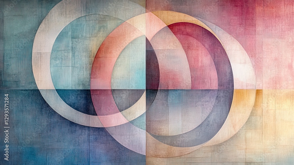 Poster abstract composition of interlocking circles and squares in soft pastel shades, calming design