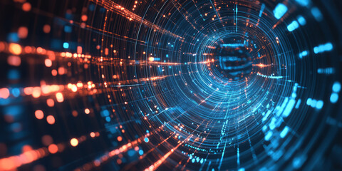 Obraz premium A visually stunning abstract background featuring spiraling neon vortexes, seamlessly interwoven into a high-tech cybernetic fractal. The fluid geometric symmetry and glowing digital radiance create a