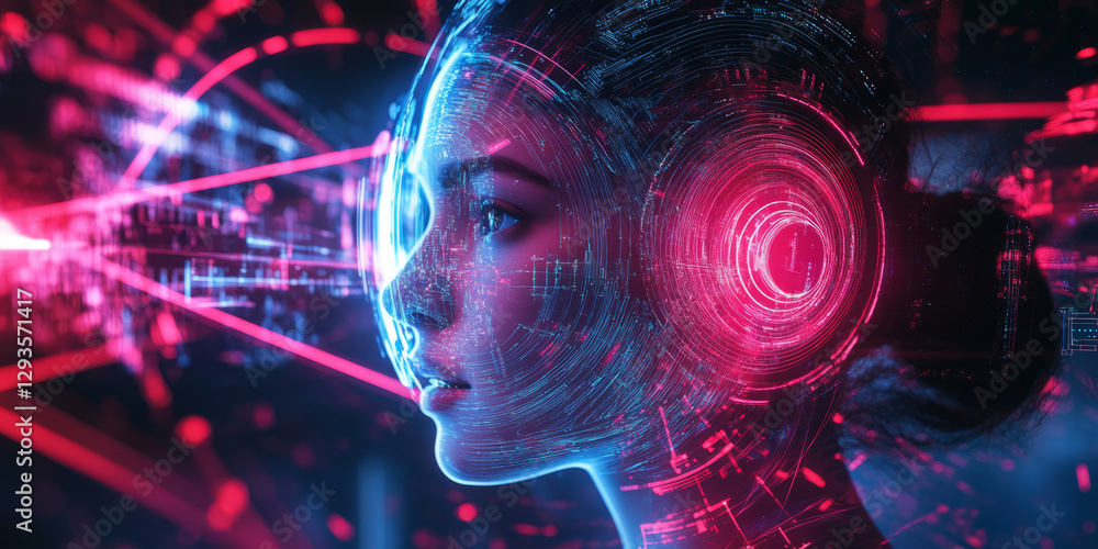 Aufkleber a glowing futuristic ai-driven deepfake recognition system, displaying cybernetic media authenticity