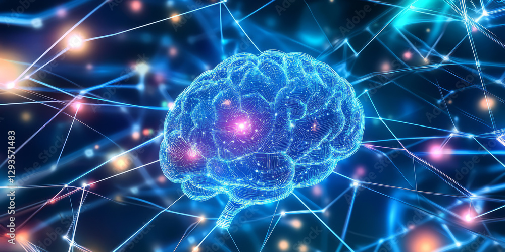 Poster a futuristic ai-powered neural network, composed of glowing cybernetic energy trails, swirling holog