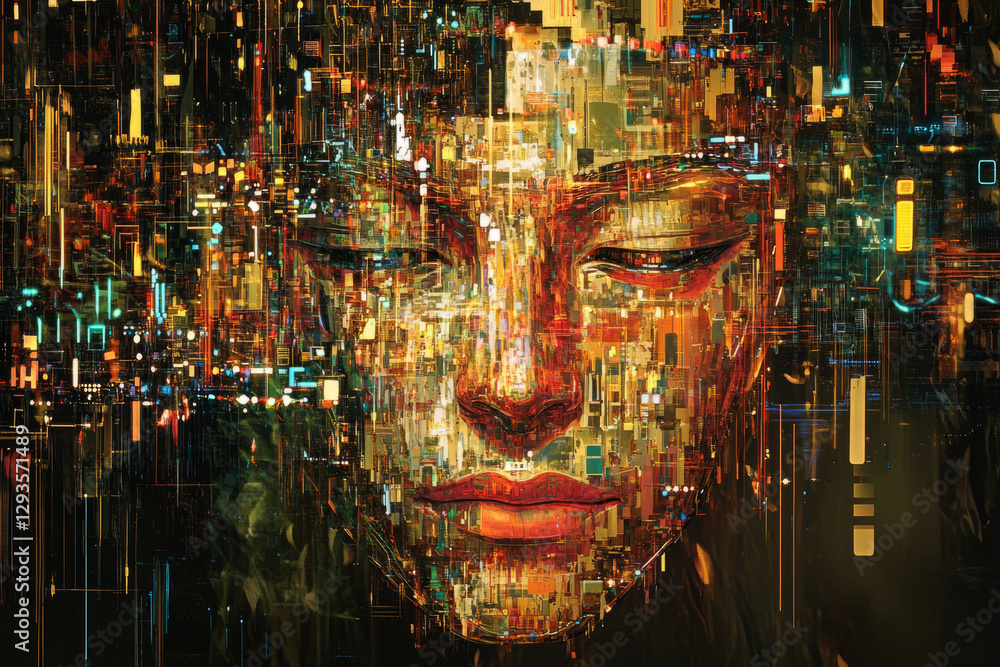Poster a futuristic ai-powered robotic face, composed of glowing cybernetic circuits, holographic digital l