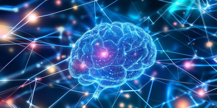 A futuristic AI-powered neural network, composed of glowing cybernetic energy trails, swirling holographic data clusters, and pulsating digital machine learning pathways. The high-tech abstract