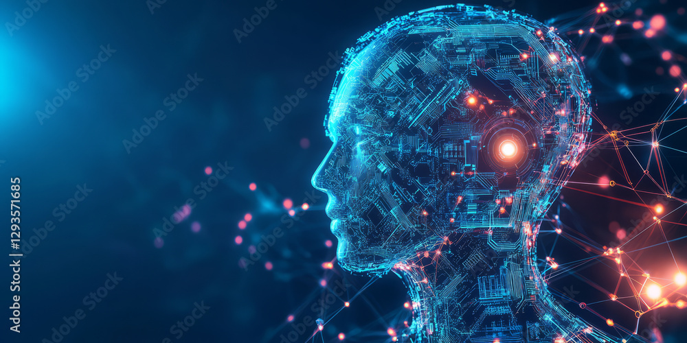 Poster a futuristic ai-driven robotic system, composed of glowing cybernetic circuits, swirling holographic