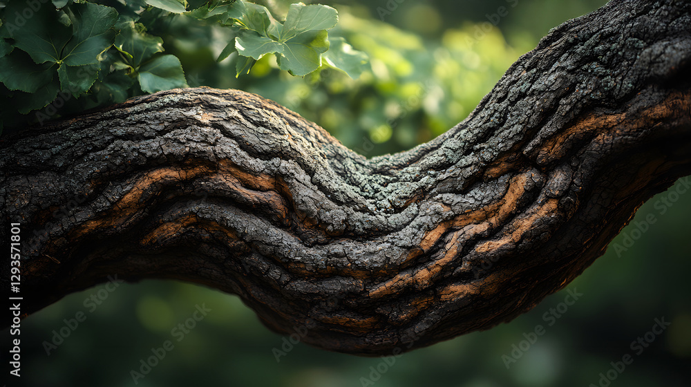 Poster A close-up view of an old tree branch, showcasing its intricate texture and rich color variations. The image captures the beauty and resilience of nature.