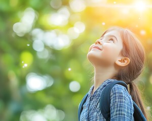 Girl gazes upward, nature's light