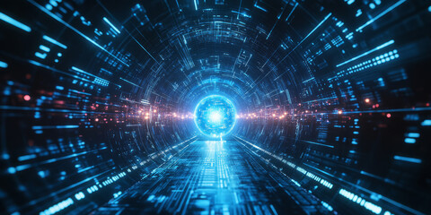 Fototapeta premium A mesmerizing futuristic AI-driven cryptocurrency mining operation, displaying glowing cybernetic blockchain verification pathways, pulsating holographic decentralized ledger grids, and swirling
