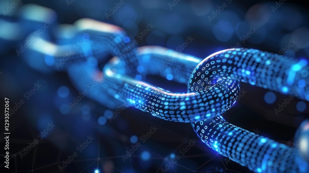 Fototapete A close up view of a glowing digital chain link, illuminated with binary code, symbolizes data security and technology advancements in a modern cyber world.