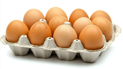 A carton filled with eggs placed on a white background, creating a somewhat chaotic visual effect.
