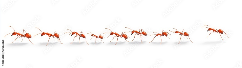 Poster ants walking in a line on white background in close-up view