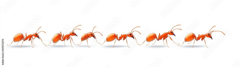 Poster close-up view of multiple walking red ants on a white background