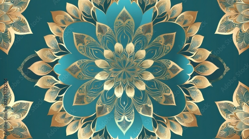 Poster elegant mandala design with intricate floral patterns in gold and teal color scheme for artistic dec