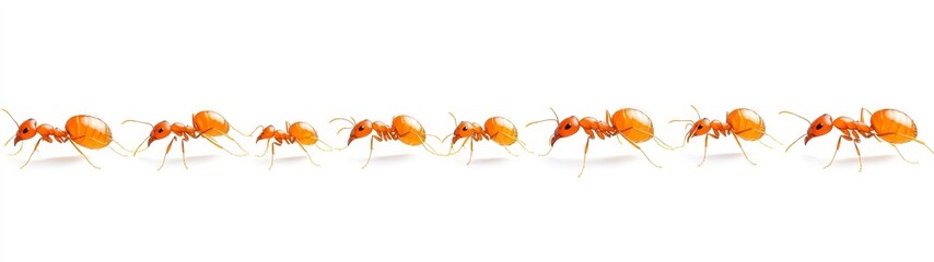 Fototapeta premium Line of Colorful Orange Ants Marching on White Background
