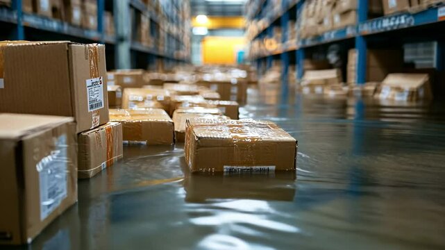 Cardboard boxes float in water when a storage facility floods, illustrating an unanticipated inventory management catastrophe.