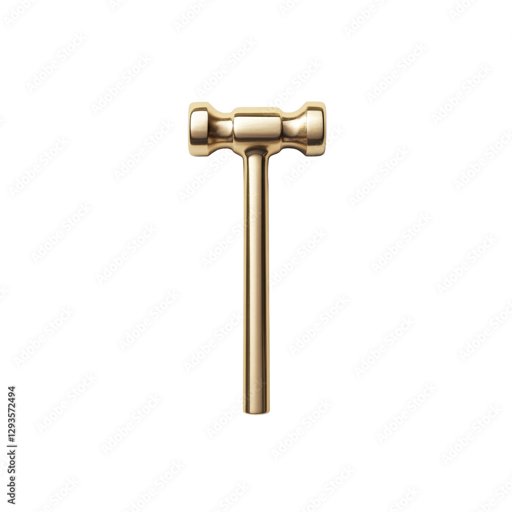 Poster shiny golden hammer tool with t-shaped handle and dual heads displayed on a plain background