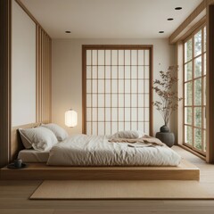 A stylish minimalist bedroom demonstrates a Japanese design concept