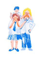 Group of school children in uniforms drawn with wax crayons on white isolated background. Autumn illustration with people in oil pastels in children's style