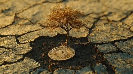 A miniature tree growing from a cracked earth surface next to a shiny Bitcoin coin, representing themes of sustainability, finance, and resilience in a digital economy