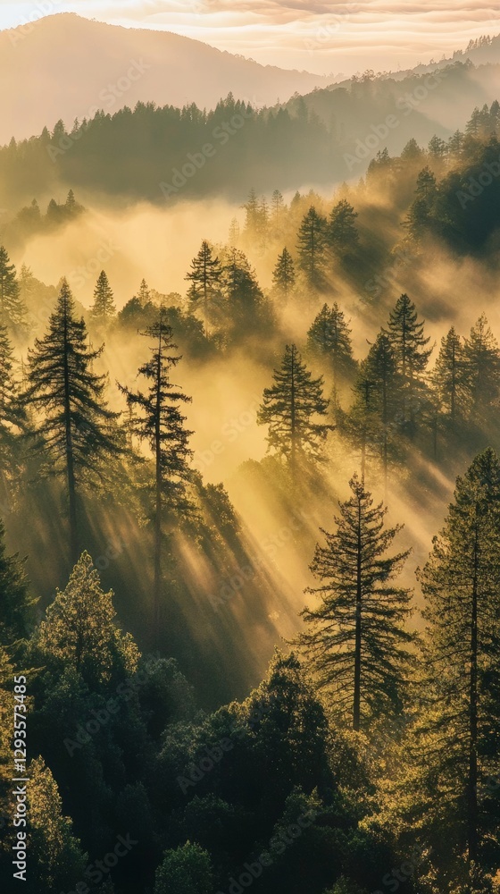 Poster Misty forest with sunlight streaming through trees, creating a serene and magical atmosphere. Tranquil nature and wilderness concept