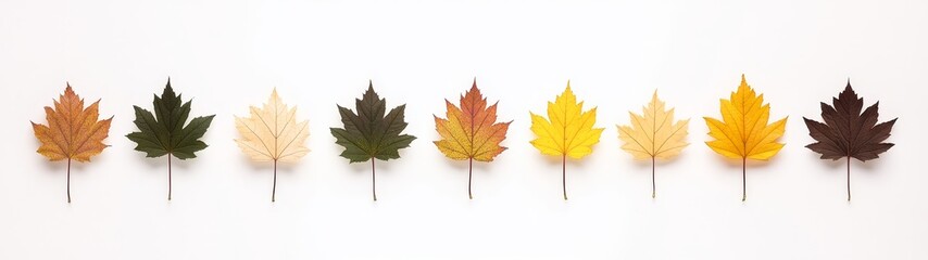 Fototapeta premium Colorful Fall Leaves Arranged in a Row on a White Background