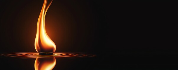 A single, elegant flame rising with fluid motion, glowing warmly on a dark reflective surface against a black background