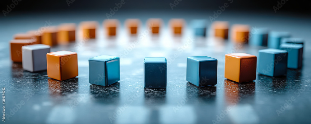 Poster abstract geometric arrangement of colorful cubes in circular formation on dark reflective surface re